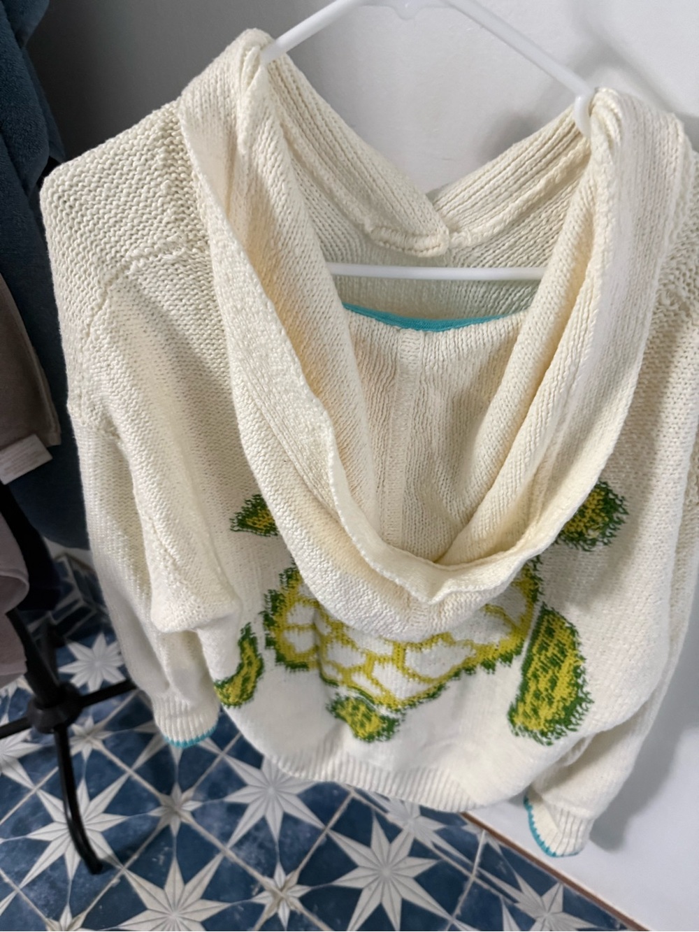 Cream Knit Hoodie Sweater - Women's V-Neck Pullover with turtle image on back